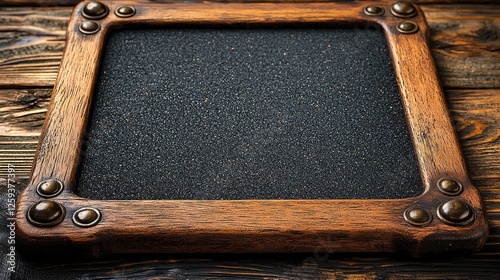 Rustic wooden frame with textured black surface on a weathered wooden table background