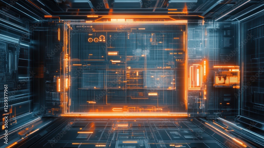 Futuristic Digital Interface: Neon Orange and Blue Tech Room Futuristic Digital Interface: Neon Orange and Blue Tech Room