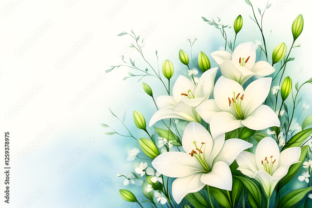 Obraz premium A bouquet of white flowers with green stems. The flowers are arranged in a way that they are all facing the same direction. The background is blue and white
