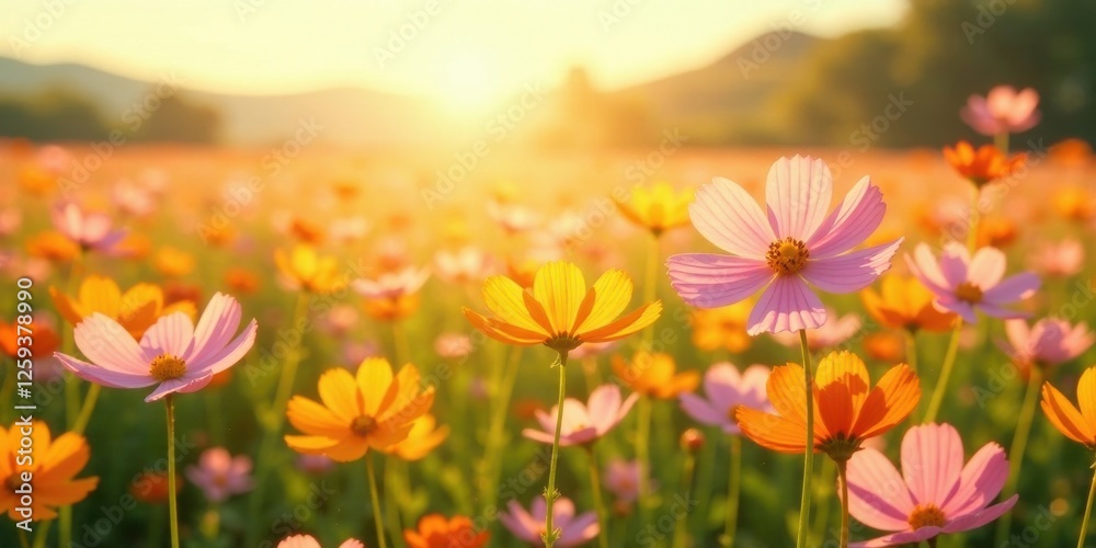 Golden hour illuminates a vibrant field of cosmos flowers, their delicate petals bathed in warm sunlight, creating a breathtaking natural scene. Golden hour illuminates a vibrant field of cosmos flowers, their delicate petals bathed in warm sunlight, creating a breathtaking natural scene.