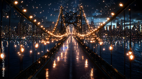 Night cityscape, illuminated bridge, city reflection, futuristic scene, travel poster