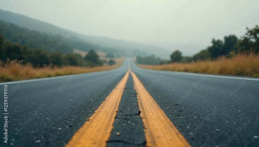 Fototapeta premium An Empty Road With a Yellow Line Down the Middle of It - Generative AI