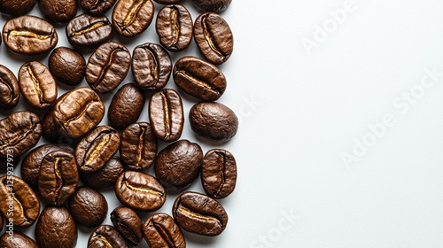 Roasted Coffee Beans Arranged Against White Background photo