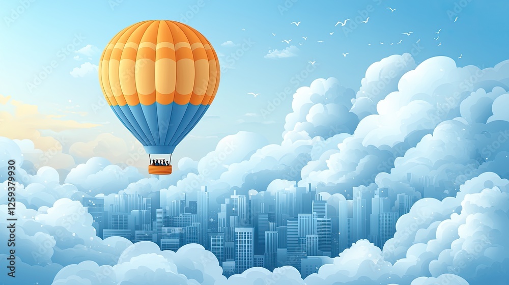 Fototapeta premium Colorful hot air balloon soaring above a city skyline surrounded by fluffy clouds at sunrise