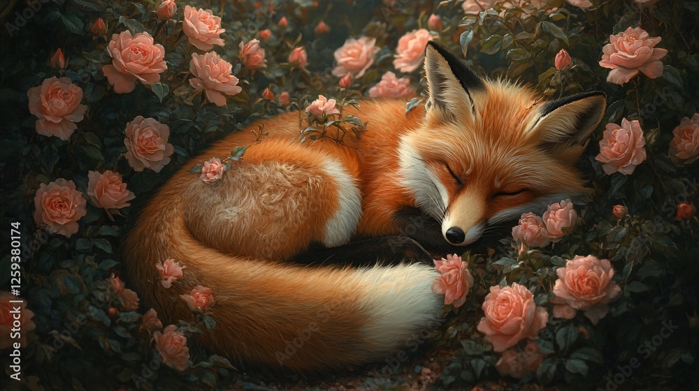 Obraz premium A Red Fox Sleeping Amidst Pink Roses