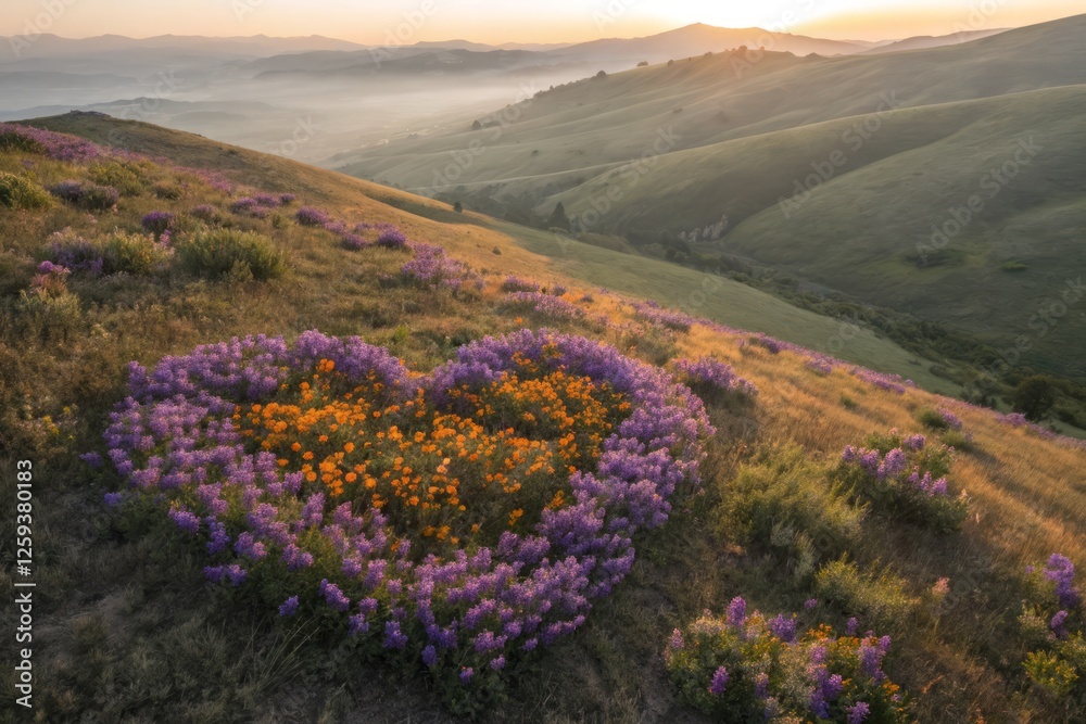 Obraz premium Aerial View: Vibrant Lavaliere Meadow, Sunset Hues, Textured Landscape