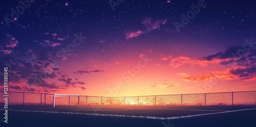 Soccer field beneath a vibrant sky with stars and clouds
