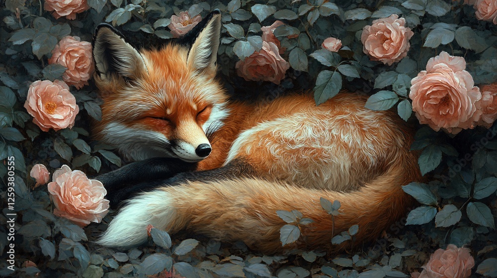 Fototapeta premium A Red Fox Sleeping Amongst Peach Roses