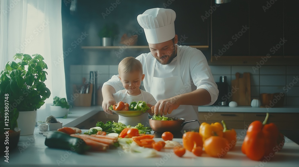 chef kid and father cooking in kitchen chef kid and father cooking in kitchen