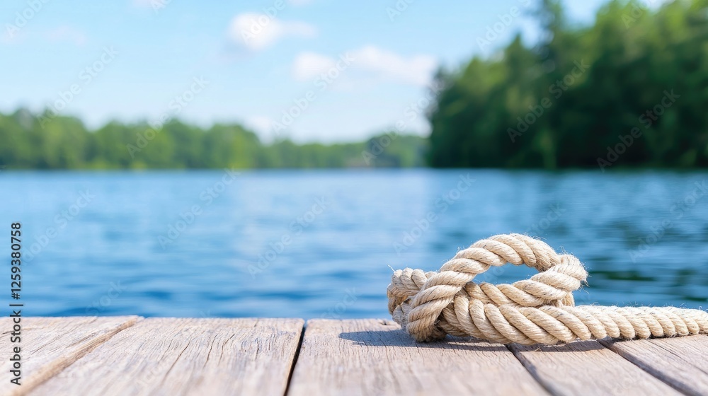 Fototapeta premium Lakeside rope knot on dock, tranquil waters, summer day