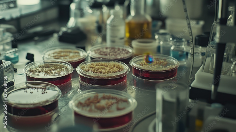 Close-up shot of petri dishes containing microbial colonies, surrounded by lab tools and equipment in a high-tech microbiology research setting. Close-up shot of petri dishes containing microbial colonies, surrounded by lab tools and equipment in a high-tech microbiology research setting.