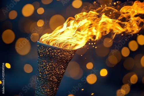 dynamic closeup of olympic torch with majestic flame against dark background capturing sparks and ember trails in rich golden hues photo