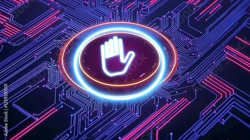 Futuristic Cybersecurity and Data Protection Glowing Hand Icon on Neon Circuit Board Symbolizing Secure Digital Technology