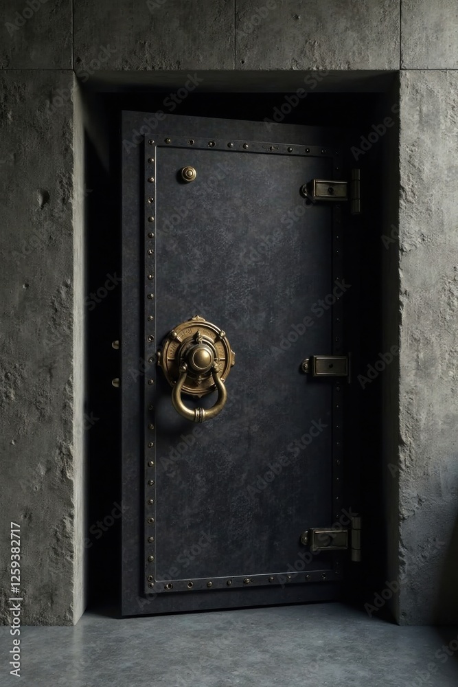 A Dark Metal Door with Ornate Brass Hardware, Partially Open, Set within a Rough Concrete Frame A Dark Metal Door with Ornate Brass Hardware, Partially Open, Set within a Rough Concrete Frame