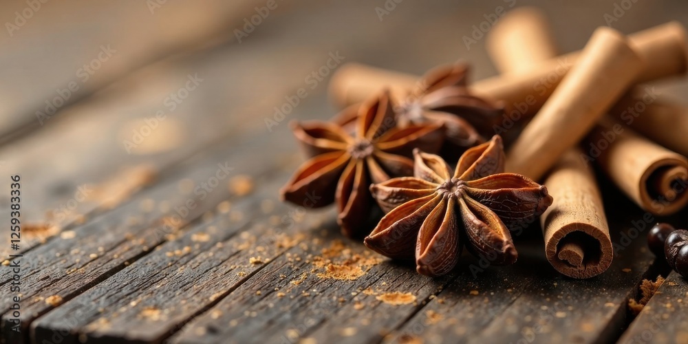 Close-up view of aromatic star anise and cinnamon sticks resting on a rustic wooden surface Close-up view of aromatic star anise and cinnamon sticks resting on a rustic wooden surface