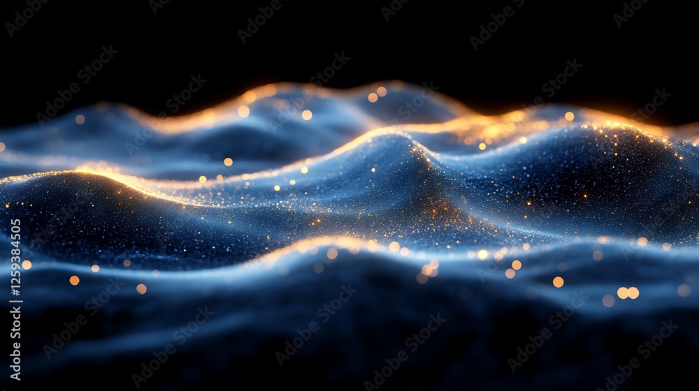 Obraz premium Glittering Blue And Gold Particle Wave Landscape