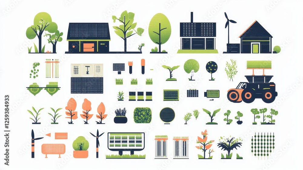 High-quality stock vector of agriculture tech symbols, featuring renewable energy integration, hydroponic farming, AI-powered pest detection, self-driving farm equipment, and data-driven yield predict High-quality stock vector of agriculture tech symbols, featuring renewable energy integration, hydroponic farming, AI-powered pest detection, self-driving farm equipment, and data-driven yield predict