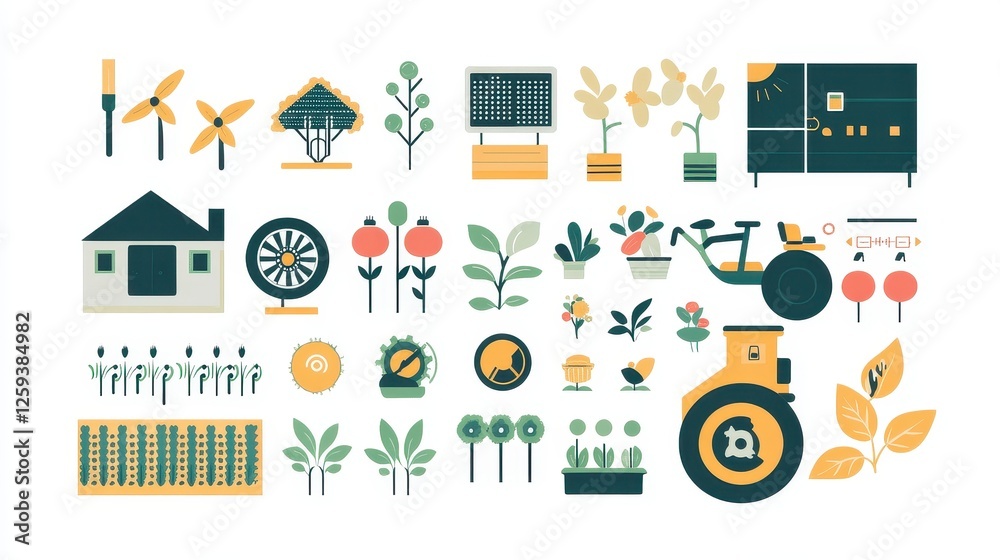 High-quality stock vector of agriculture tech symbols, featuring renewable energy integration, hydroponic farming, AI-powered pest detection, self-driving farm equipment, and data-driven yield predict High-quality stock vector of agriculture tech symbols, featuring renewable energy integration, hydroponic farming, AI-powered pest detection, self-driving farm equipment, and data-driven yield predict