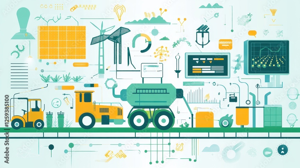High-quality stock vector of agriculture tech symbols, featuring renewable energy integration, hydroponic farming, AI-powered pest detection, self-driving farm equipment, and data-driven yield predict High-quality stock vector of agriculture tech symbols, featuring renewable energy integration, hydroponic farming, AI-powered pest detection, self-driving farm equipment, and data-driven yield predict