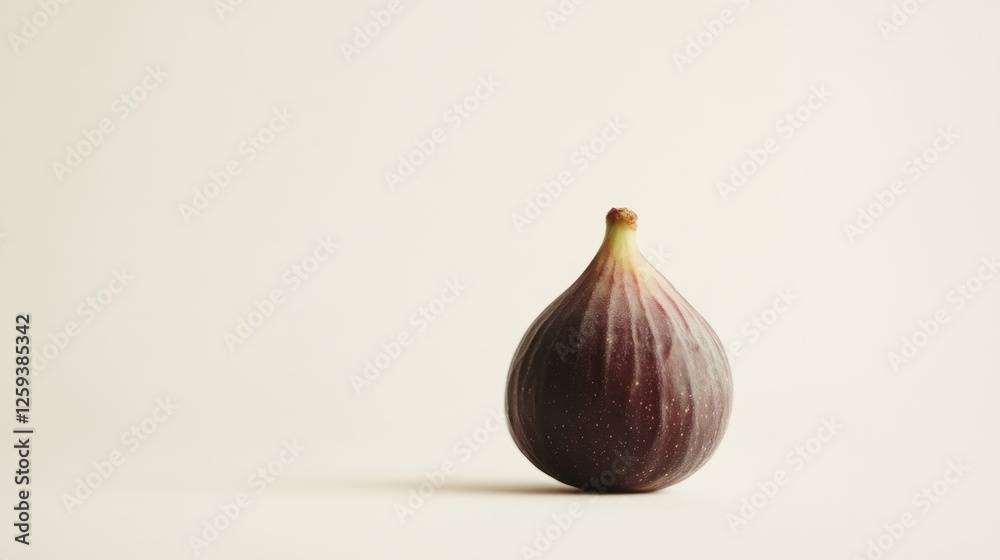 Obraz premium Single ripe fig on white background, minimalist food photography, recipe website