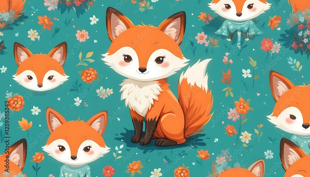Fototapeta premium Adorable Cartoon Fox Seamless Pattern with Flowers and Cute Fox Illustrations