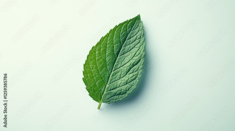 Obraz premium Single mint leaf on white background, nature backdrop, fresh