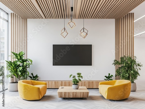 Wallpaper Mural Modern office waiting area with yellow chairs, plants, and TV Torontodigital.ca