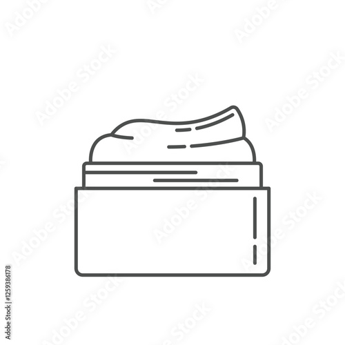 A minimalist and modern icon of an open skincare cream jar with a smooth cream texture inside. This line-art style illustration is perfect for representing beauty products,