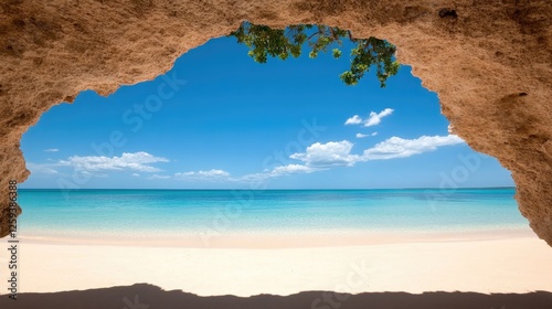 Serene beach view from a cave with clear blue waters and a bright sky in the background