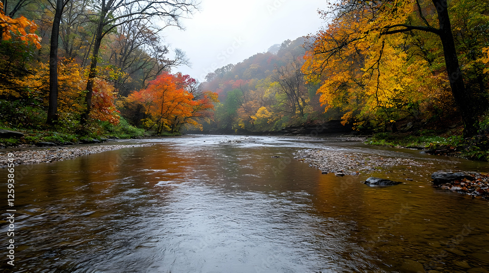 Autumn river scene, colorful foliage, misty valley Autumn river scene, colorful foliage, misty valley