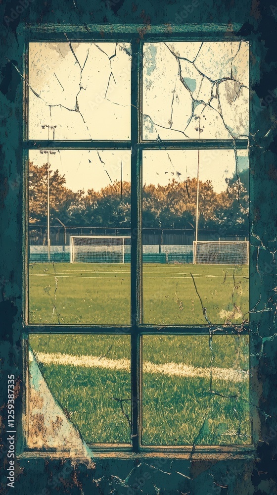 Abandoned broken window overlooking a soccer field in the distance Abandoned broken window overlooking a soccer field in the distance