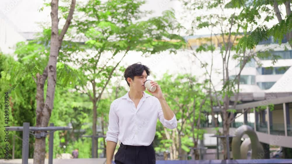 Asian young businessman drinking a cup of coffee while walking in city. Asian young businessman drinking a cup of coffee while walking in city.