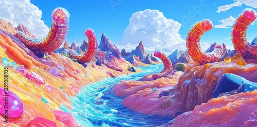 Dreamlike candy landscape with river and wormlike creatures photo