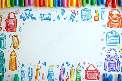 A white background with colorful markers and doodles of school icons like backpacks