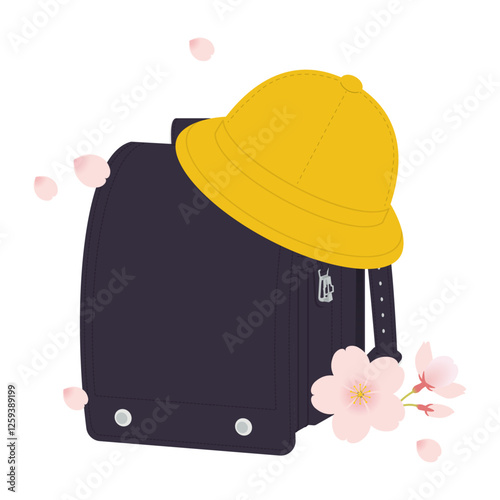 黒いランドセルと黄色い帽子／桜の花びら／入学式・新入生・新1年生／ベクターイラスト