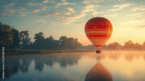 Colorful hot air balloon floating over a serene lake at sunrise with mist and trees in the background