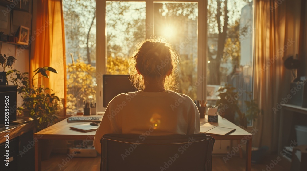 A person sitting at a desk, facing a sunlit window surrounded by plants in a cozy environment. A person sitting at a desk, facing a sunlit window surrounded by plants in a cozy environment.