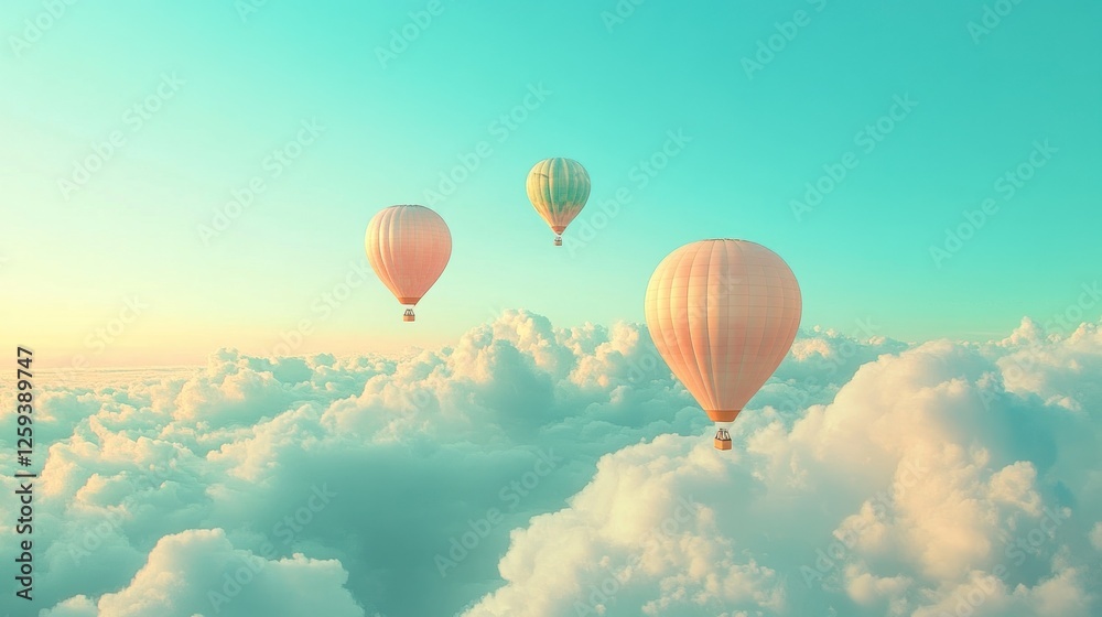 Obraz premium Pastel hot air balloons soar above clouds at sunrise; travel poster