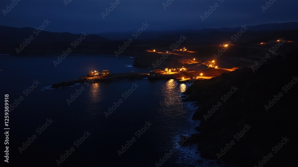 Fototapeta premium Coastal night mine illuminated, ocean waves, hills