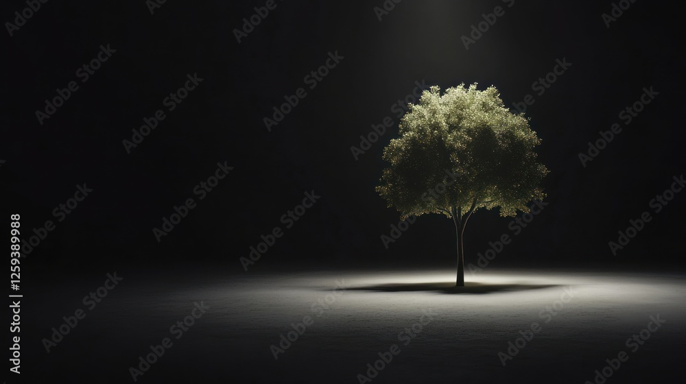 Illuminated tree, dark studio, spotlight, hope, environmental concept Illuminated tree, dark studio, spotlight, hope, environmental concept