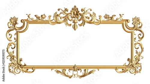 Golden ornate rectangular frame, isolated, white background, design element photo