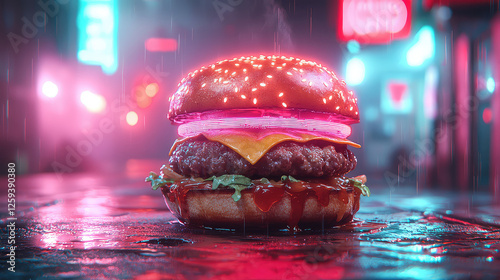 Cyberpunk-style burger on a rainy night city street. Glowing, futuristic food photography.