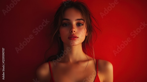 Wallpaper Mural Stunning young woman against a vibrant red background. Perfect for beauty, fashion, or romance projects. Torontodigital.ca