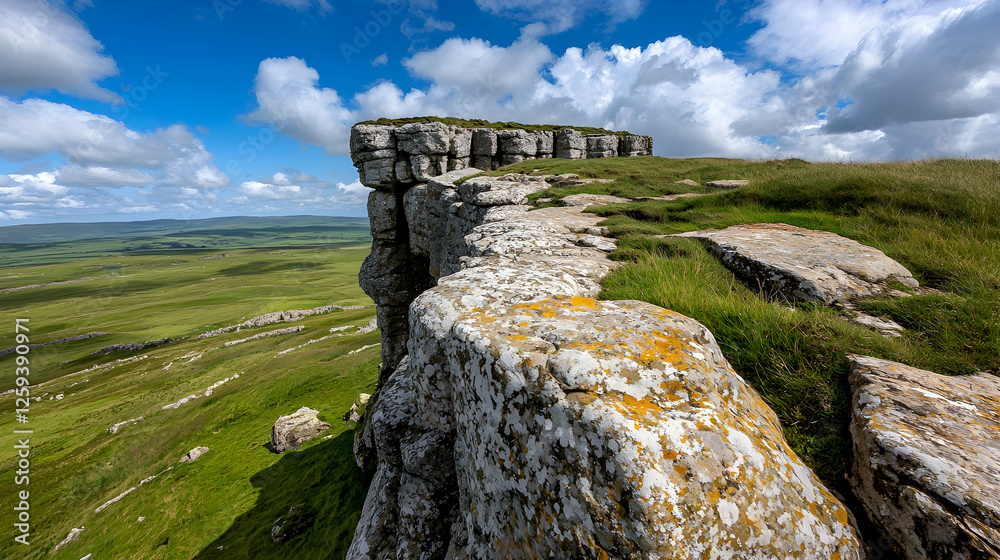 Dramatic clifftop view, vast green landscape, sunny day, hiking path Dramatic clifftop view, vast green landscape, sunny day, hiking path