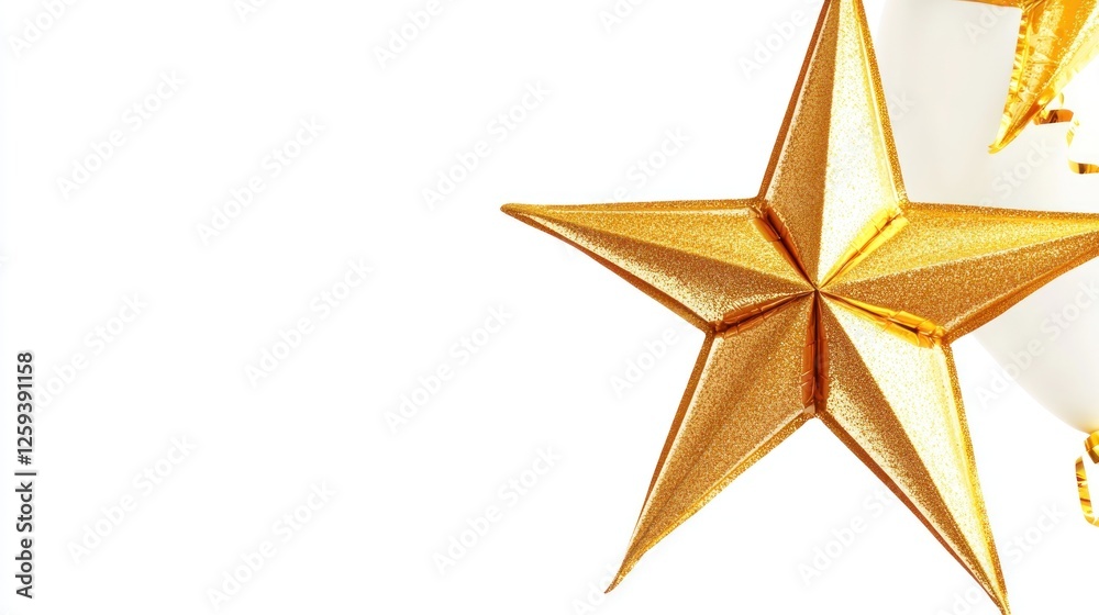 Golden star ornaments, white background, Christmas, festive decoration, holiday design Golden star ornaments, white background, Christmas, festive decoration, holiday design