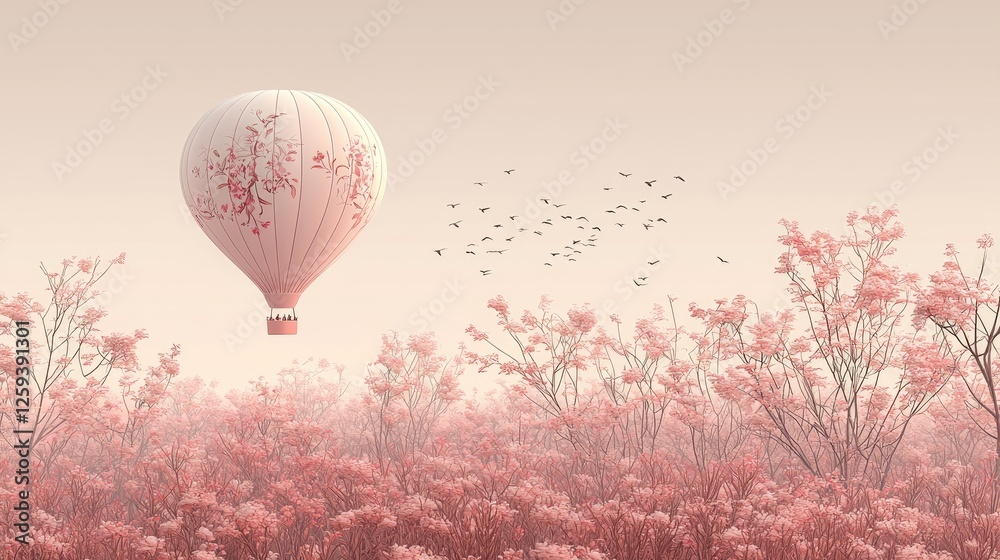 Fototapeta Serene hot air balloon floating over a pink blossom landscape with birds in the background