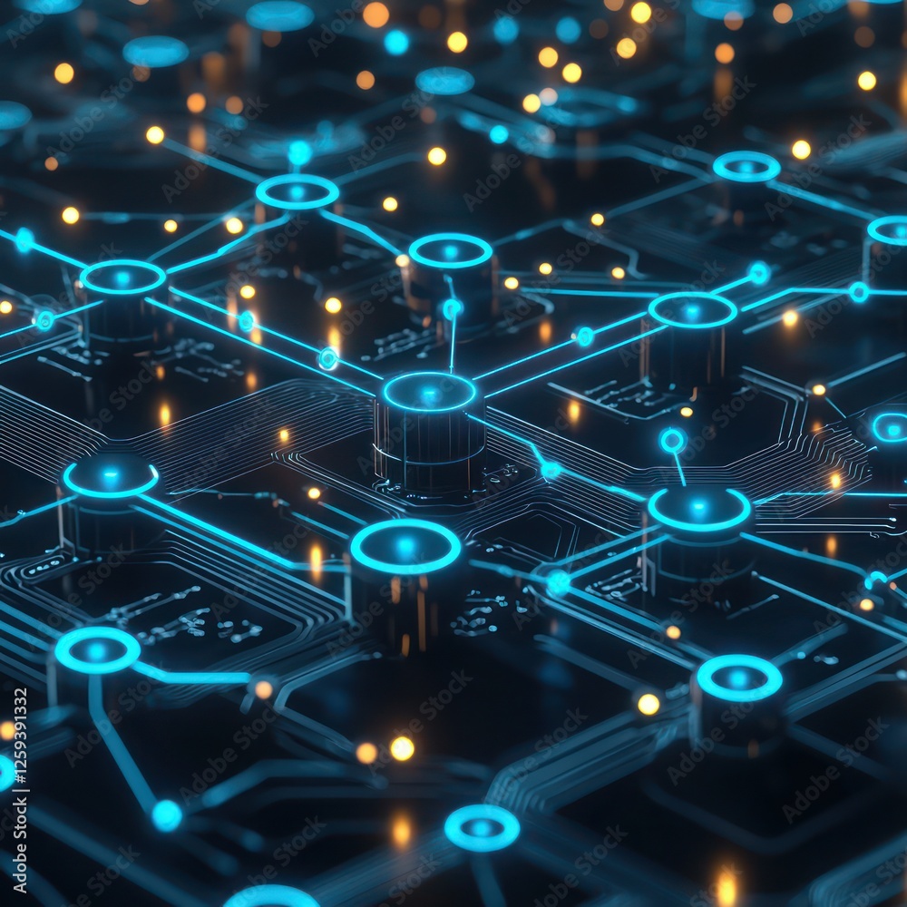 Circuitry visualized with high-tech, glowing blue connections. Circuitry visualized with high-tech, glowing blue connections.