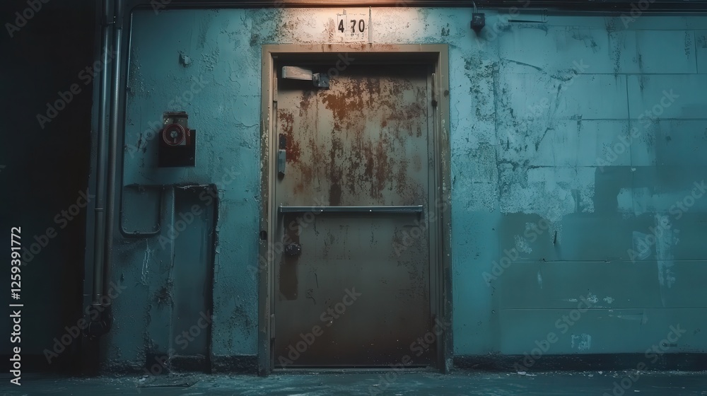 Naklejka premium fire exit door located in a vintage, old building, showing its aged metal frame and peeling paint