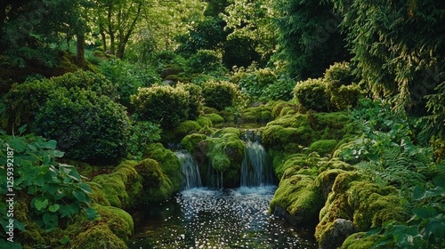 Serene Tranquil Forest Scene with Lush Greenery, Gentle Waterfall, and Reflections in Calm Pool of Water