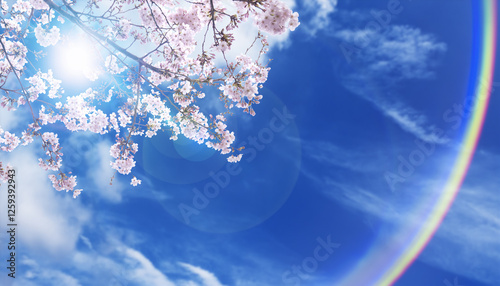 満開の桜の花とつぼみ　入学・入園・入社・新生活　春の背景　日本晴れの青空と雲　お祝いの壁紙 太陽の日差しとレンズフレア